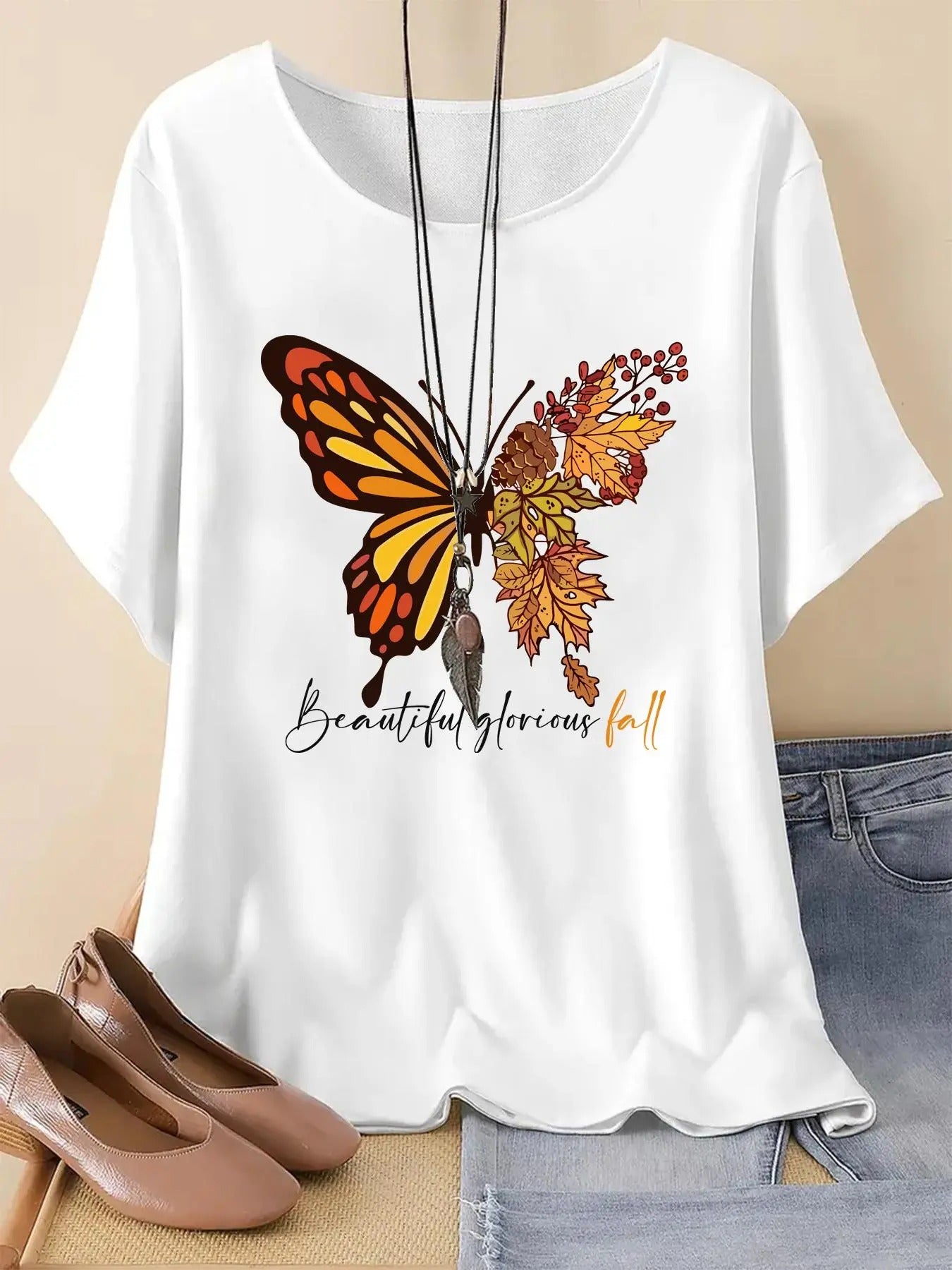 Women's Butterfly & Letter Print Round Neck Tee, Casual Short Sleeve Crew Neck T-shirt for Summer, Fashion Women's Top...