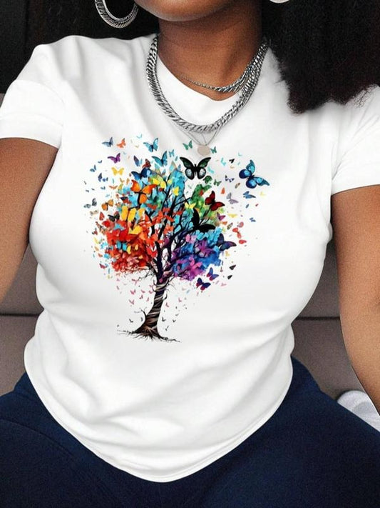 Women's Butterfly & Tree Print Round Neck Tee, Stylish Short Sleeve Crew Neck T-Shirt for Summer, Fashion Women's Top for...