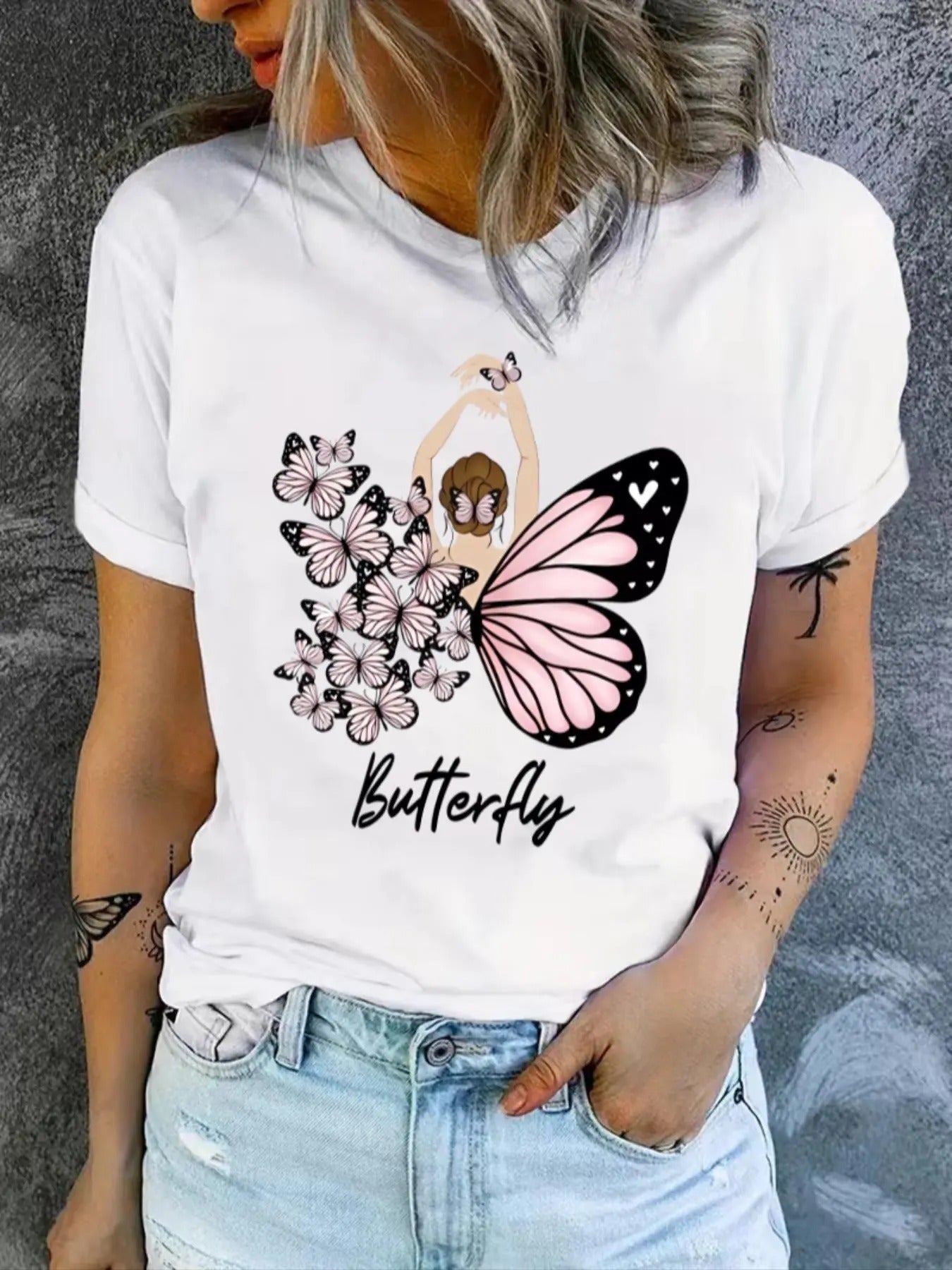 Women's Butterfly Figure Print Round Neck Tee, Casual Short Sleeve Letter Graphic T-shirt, Ladies Summer Clothes for Daily Wear