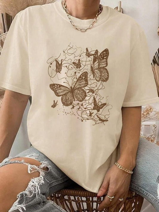 Women's Butterfly Print Round Neck Graphic Tee, Vintage Trendy Casual Short Sleeve T-shirt For Daily Wear, Ladies All Seasons Outfit