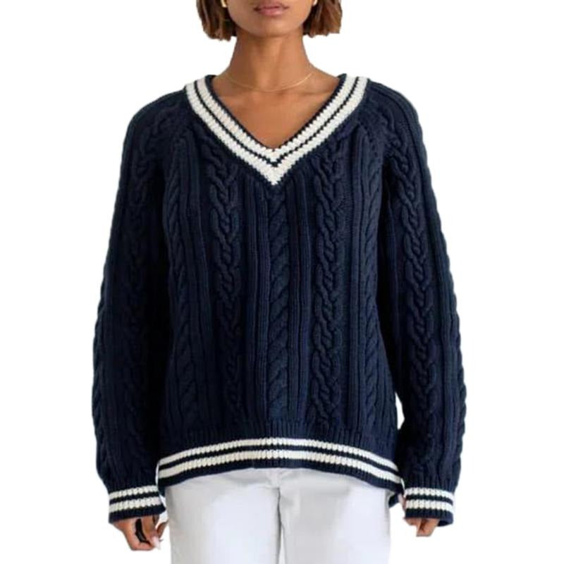 Women's Cable Knit Sweater Loose Contrast Trim V Neck Long Sleeve Pullover Tops for Fall Winter T-Shirts, Hoodie, Sweatshirt