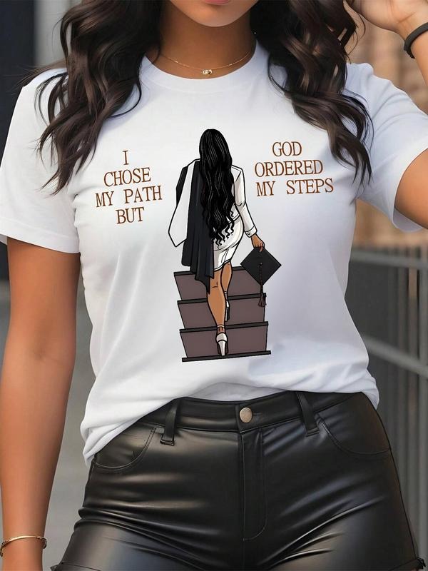 Women's Cartoon & Letter Print Round Neck Tee, Fashion Casual Short Sleeve T-shirt, Ladies Summer Clothes for Daily Wear...