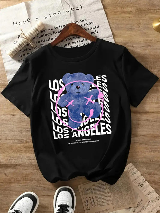 Women's Cartoon Bear & Letter Print Round Neck Tee, Fashion Casual Crew Neck Short Sleeve T-Shirt for Daily Holiday...