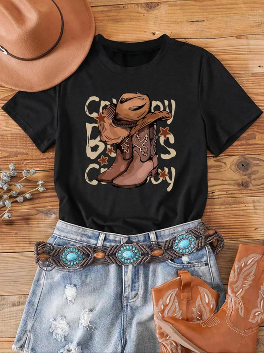 Women's Cartoon Boots Graphic Print Round Neck Tee, Fashion Casual Short Sleeve T-shirt, Ladies Summer Clothes for Daily Wearstyle{n002}2