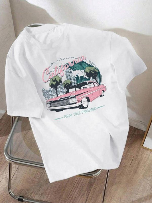 Women's Cartoon Car Graphic Print Round Neck Tee, Fashion Casual Short Sleeve T-shirt, Ladies Summer Clothes for Daily Wear