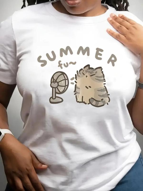Women's Cartoon Cat & Letter Print Round Neck Tee, Fashion Casual Crew Neck T-Shirt for Daily Holiday Vacation Outdoor...