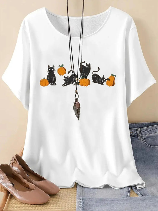 Women's Cartoon Cat Print Round Neck Graphic Tee, Vintage Trendy Casual Drop Shoulder Half Sleeve T-shirt For Daily Wear, Ladies Summer Outfit