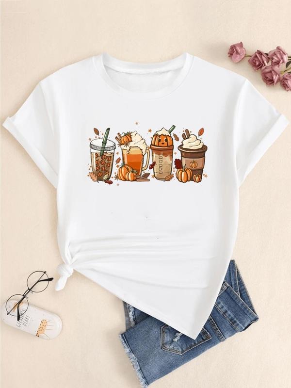 Women's Cartoon Coffee Print Round Neck Tee, Fashion Casual Crew Neck T-Shirt for Daily Holiday Vacation Outdoor Wear,...