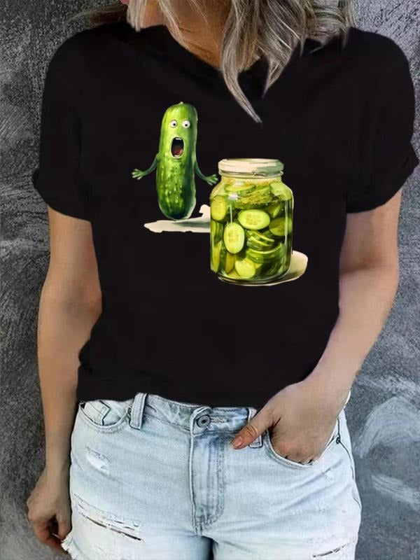 Women's Cartoon Cucumber Print Round Neck Tee, Fashion Casual Canned Pickle Short Sleeve T-shirt for Daily Outdoor Wear,...