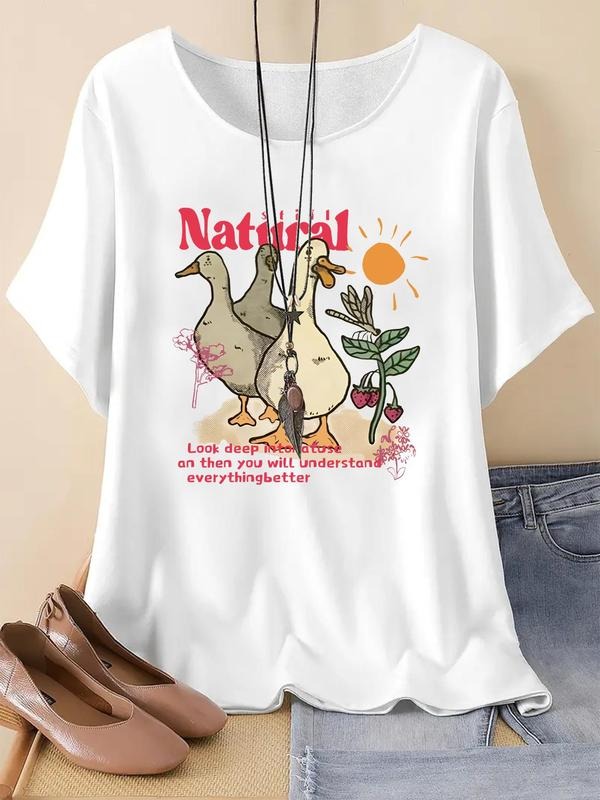 Women's Cartoon Duck & Letter Print Drop Shoulder Tee, Cute Short Sleeve Round Neck T-Shirt for Summer, Men Women Clothes...