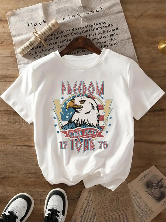 Women's Cartoon Eagle Print Round Neck Tee, Fashion Casual Star Graphic Short Sleeve T-shirt for Daily Wear, Ladies Clothes for All Seasons