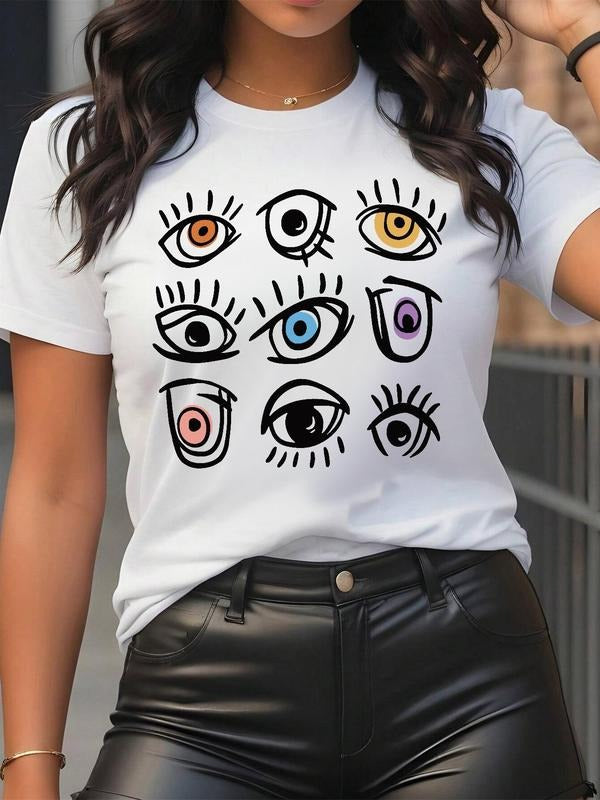 Women's Cartoon Eye Print Round Neck Tee, Fashion Casual Short Sleeve T-shirt for Daily Wear, Ladies Clothes for All...