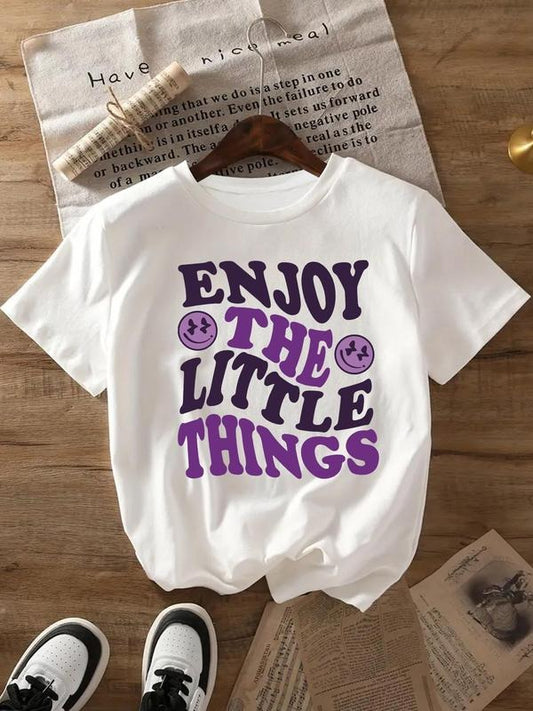 Women's Cartoon Face & Letter Print Round Neck Tee, Fashion Casual Crew Neck Short Sleeve T-Shirt for Daily Holiday...