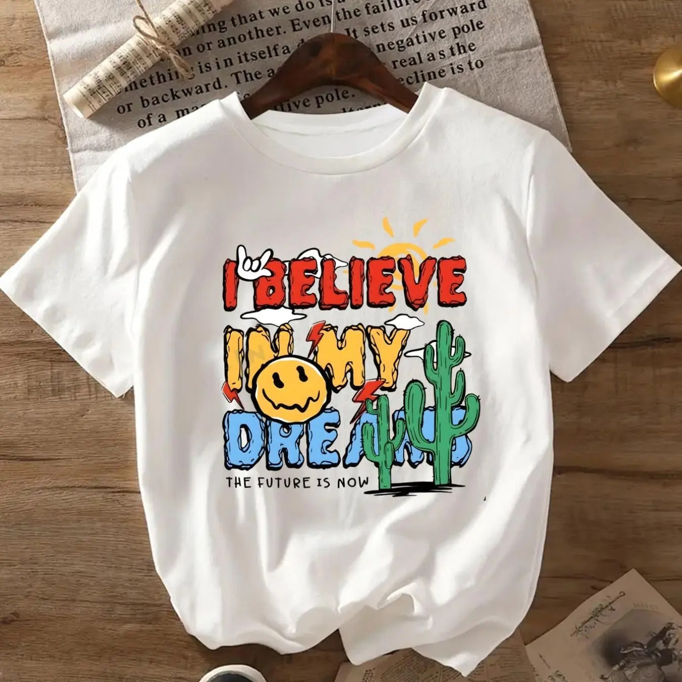 Women's Cartoon Face & Letter Print Round Neck Tee, Fashion Casual Crew Neck Short Sleeve T-Shirt for Daily Outdoor Wear,...