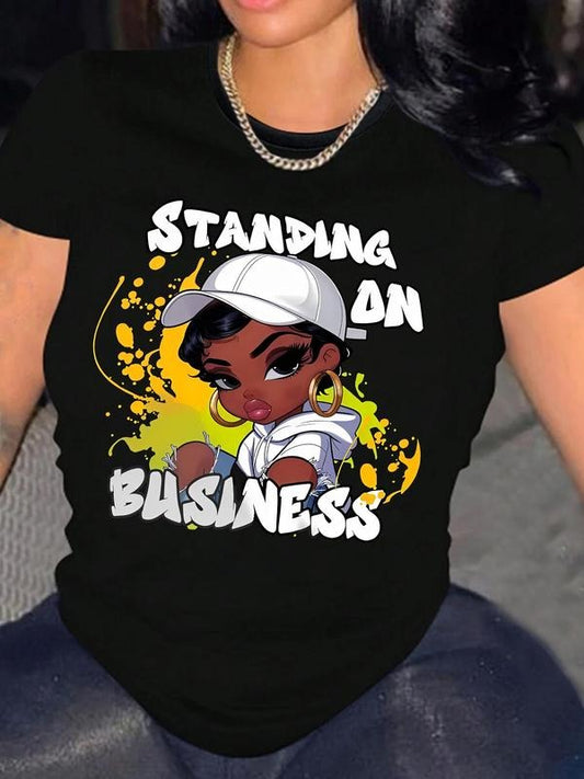 Women's Cartoon Figure & Letter Print Round Neck Graphic Tee, Vintage Trendy Casual Short Sleeve T-shirt for Daily Wear, Ladies All Seasons Outfit