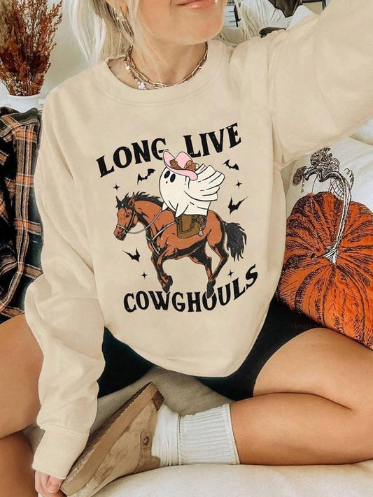 Women's Cartoon Ghost & Horse & Letter Print Drop Shoulder Sweatshirt, Casual Long Sleeve Round Neck Pullover for Daily...