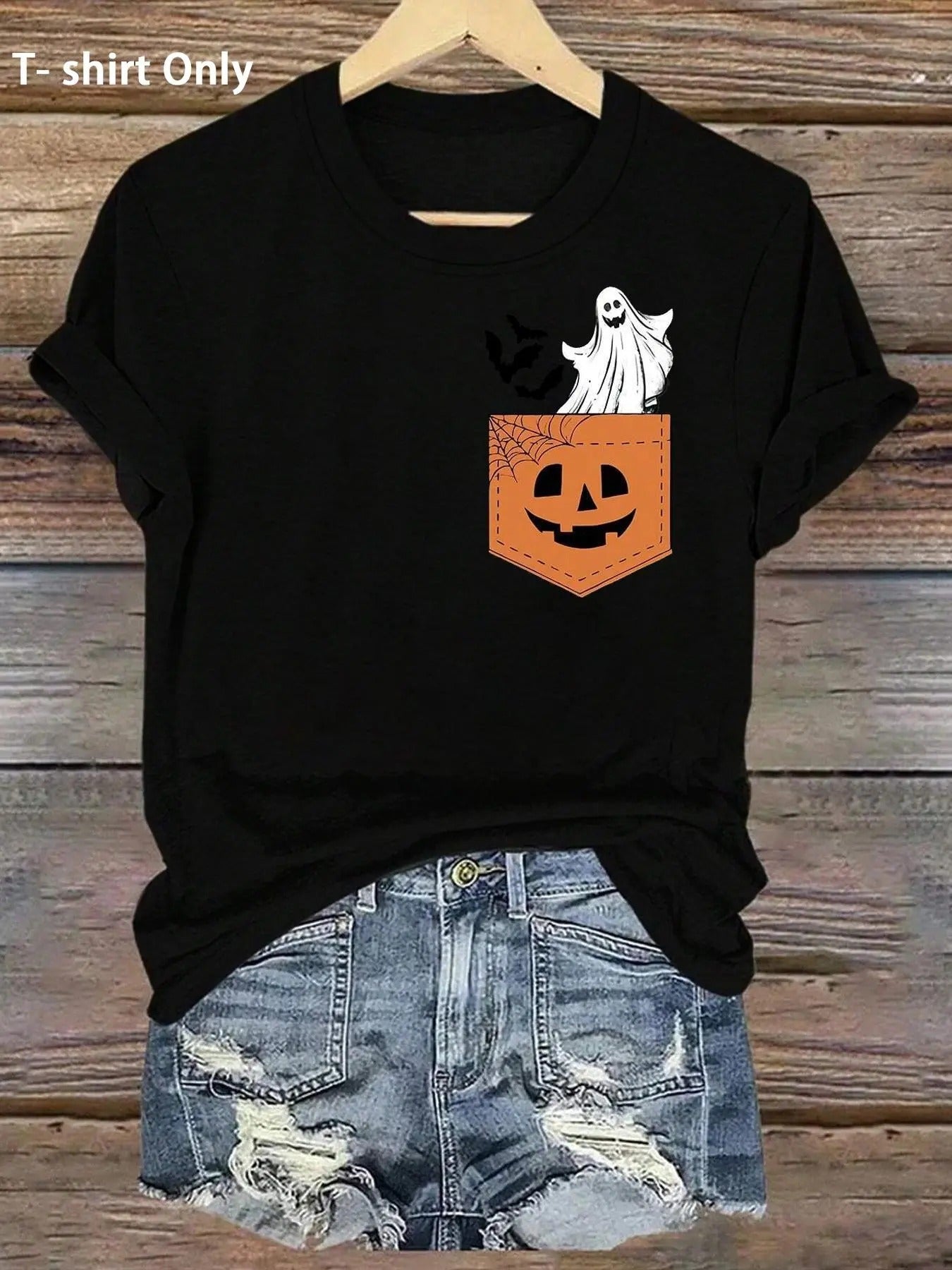 Women's Cartoon Ghost Print Round Neck Tee, Fashion Casual Halloween Short Sleeve T-shirt, Ladies Summer Clothes for...