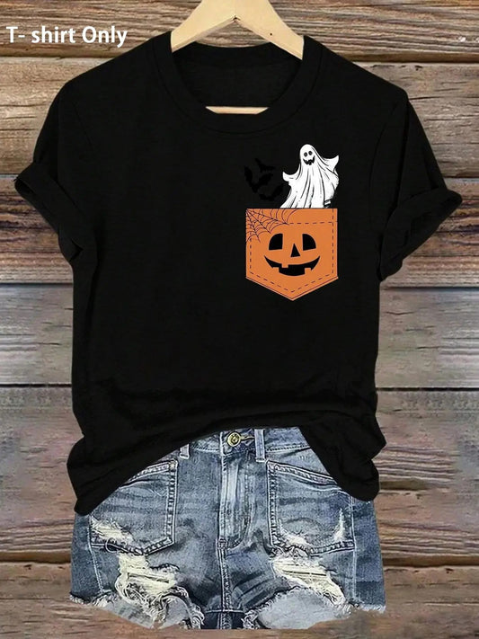 Women's Cartoon Ghost Print Round Neck Tee, Fashion Casual Halloween Short Sleeve T-shirt, Ladies Summer Clothes for...