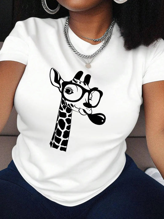 Women's Cartoon Giraffe Print Round Neck Tee, Fashion Casual Short Sleeve T-shirt for Daily Holiday Vacation Outdoor...