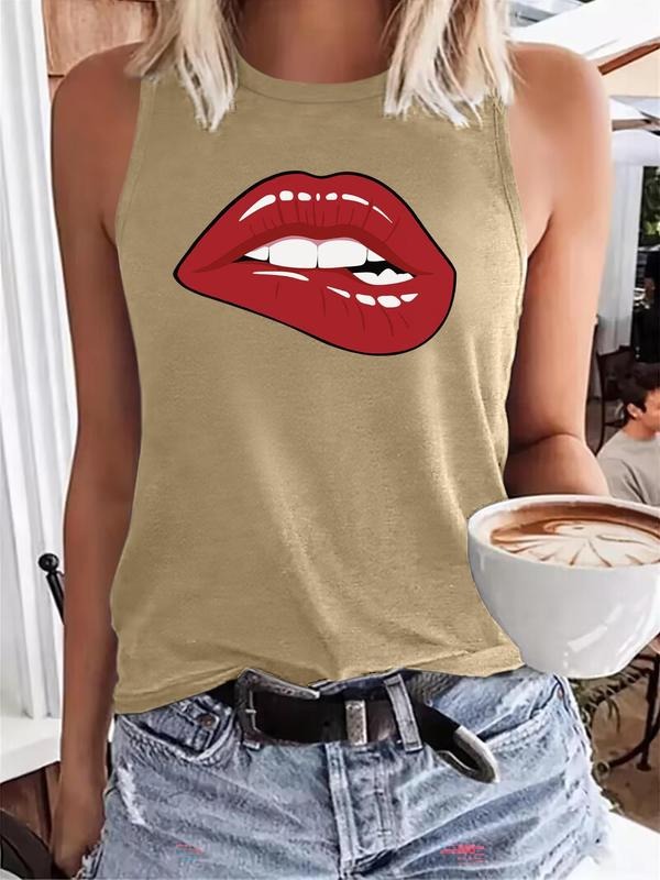 Women's Cartoon Lip Print Round Neck Tank Top, Casual Sleeveless Crew Neck Top for Summer, Ladies Clothes for Daily Wear,...