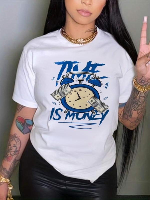 Women's Cartoon Money & Clock Print Round Neck Graphic Tee, Vintage Trendy Casual Short Sleeve T-shirt For Daily Wear, Ladies Summer Outfit