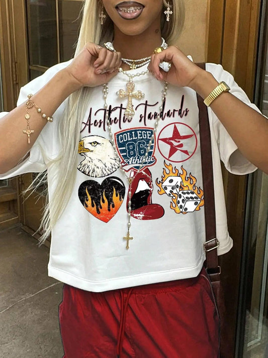 Women's Cartoon Print Drop Shoulder Tee, Fashion Casual Crew Neck T-Shirt for Daily Holiday Vacation Outdoor Wear, Ladies...