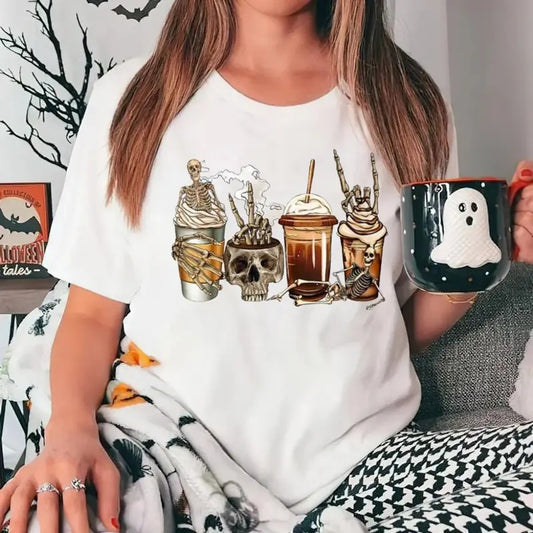 Women's Cartoon Skull Milk Tea Print Round Neck Tee, Fashion Casual Short Sleeve T Shirt For Daily Wear, Unisex Short...