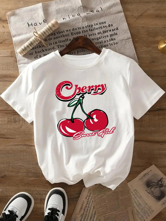 Women's Cherry & Letter Print Round Neck Tee, Casual Short Sleeve Crew Neck T-Shirt for All Seasons, Fashion Women's Top...