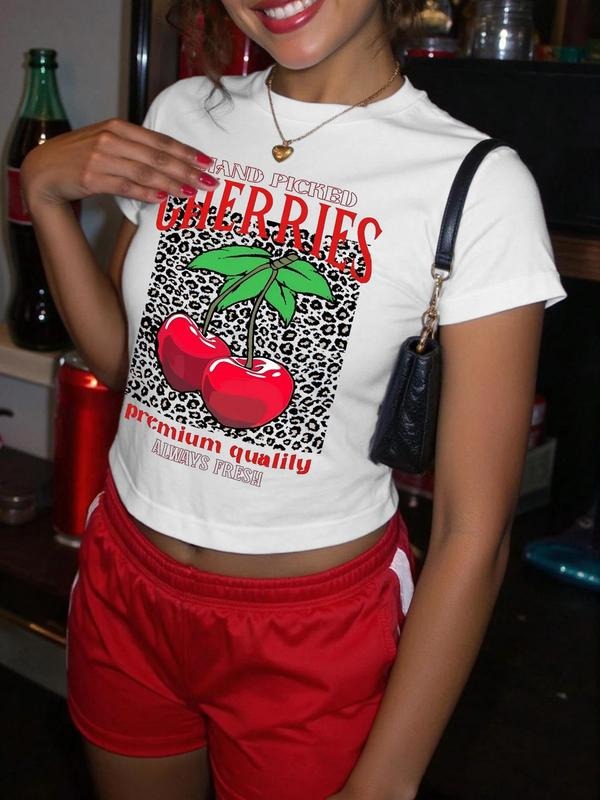 Women's Cherry Print Round Neck Crop Tee, Casual Short Sleeve Crew Neck T-shirt for Daily Wear, Ladies Clothes for All...