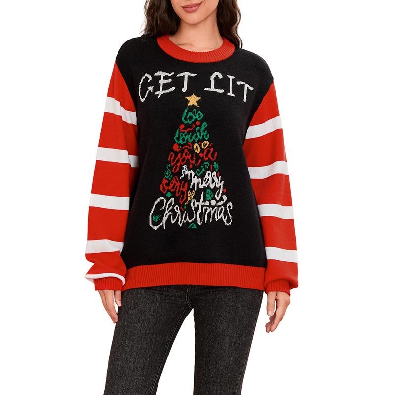 Women's Christmas Knit Sweater Long Sleeve Crewneck Christmas Tree Print Casual Knitwear T-Shirts, Hoodie, Sweatshirt