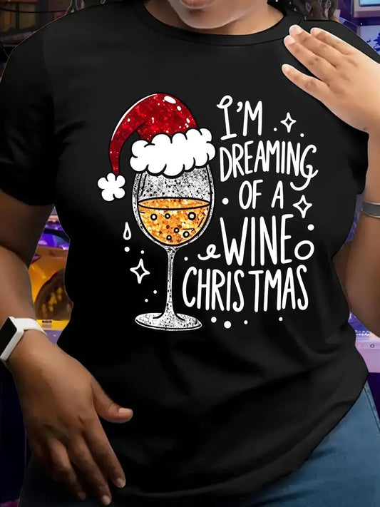 Women's Christmas Themed Letter & Goblet Print Round Neck Tee, Trendy Casual Short Sleeve T-Shirt for Daily Wear, Ladies...