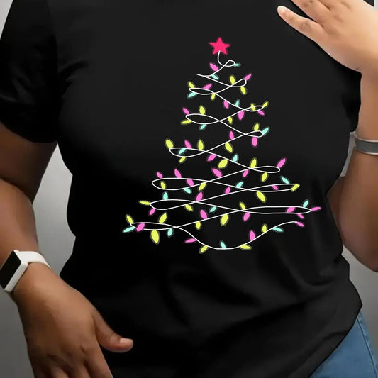 Women's Christmas Tree Print Round Neck Tee, Casual Short Sleeve Crew Neck T-Shirt for Spring & Fall, Women Clothes for...