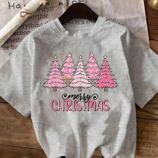 Women's Christmas Tree Print Round Neck Tee, Casual Short Sleeve Crew Neck T-shirt for Summer, Fashion Women's Top for...