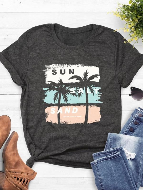 Women's Coconut Tree Print Round Neck Graphic Tee, Vintage Trendy Casual Short Sleeve T-shirt For Daily Wear, Ladies All Seasons Outfit
