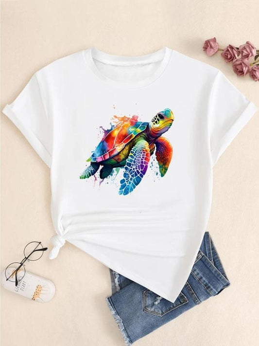 Women's Colorful Turtle Print Round Neck Tee, Fashion Casual Short Sleeve Crew Neck T-shirt for Daily Holiday Vacation...