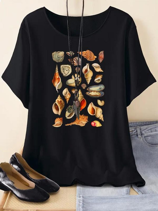 Women's Conch Print Round Neck Graphic Tee, Vintage Trendy Casual Short Sleeve T-shirt for Daily Wear, Ladies Summer Outfit