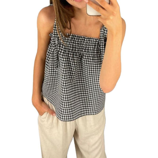 Women's Crop Camisole Casual Square Neck Backless Tie-Up Spaghetti Strap Plaid Tops for Summer Lady Polyester T-Shirts,...