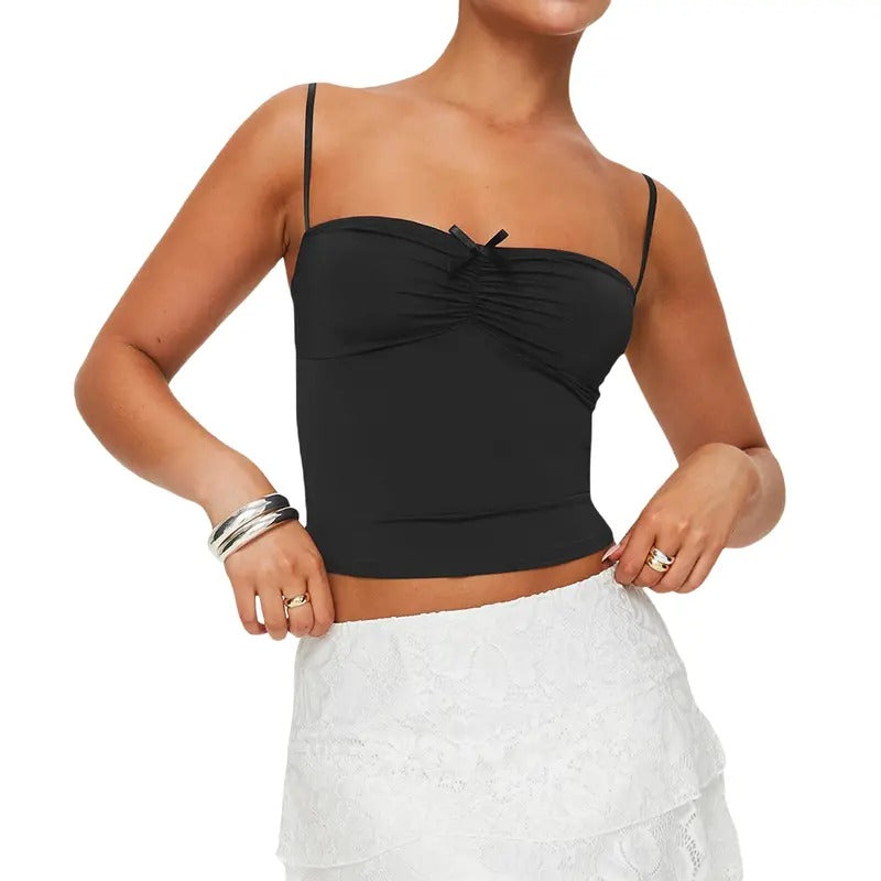 Women's Crop Camisole Slim Fit 3D Bow Ruched Sweetheart Neck Backless Spaghetti Strap Tops for Summer Sleeveless Lady...