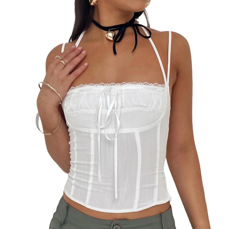 Women's Crop Camisole Slim Lace Trim Tie-Up Halter Neck Backless Spaghetti Strap Tops for Summer Sleeveless Lady...
