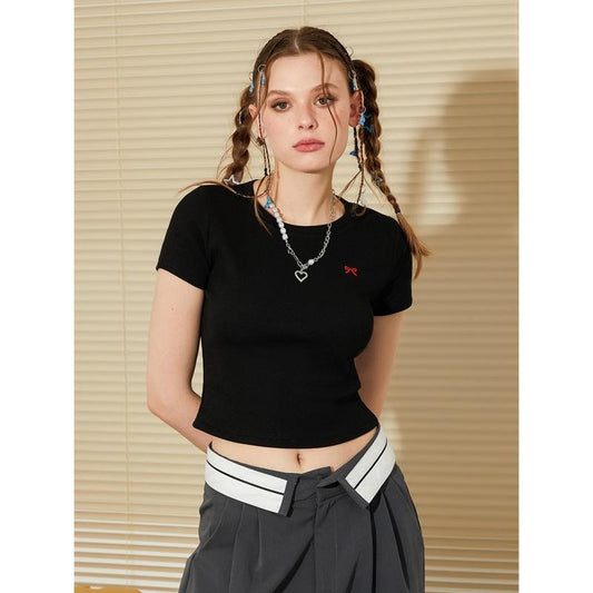 Women's Crop Tops Tight Fitted Round Neck Short Sleeve Cute Bow Embroidery Ribbed T-Shirts Tops for Summer Lady...