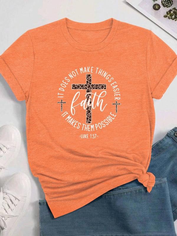 Women's Cross & Leopard Print Round Neck Tee, Fashion Casual Crew Neck T-Shirt for Daily Holiday Vacation Outdoor Wear,...