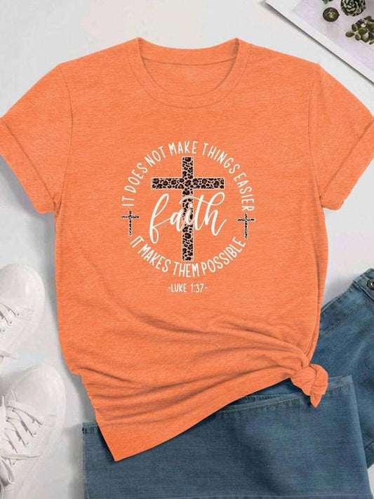 Women's Cross & Leopard Print Round Neck Tee, Fashion Casual Crew Neck T-Shirt for Daily Holiday Vacation Outdoor Wear,...