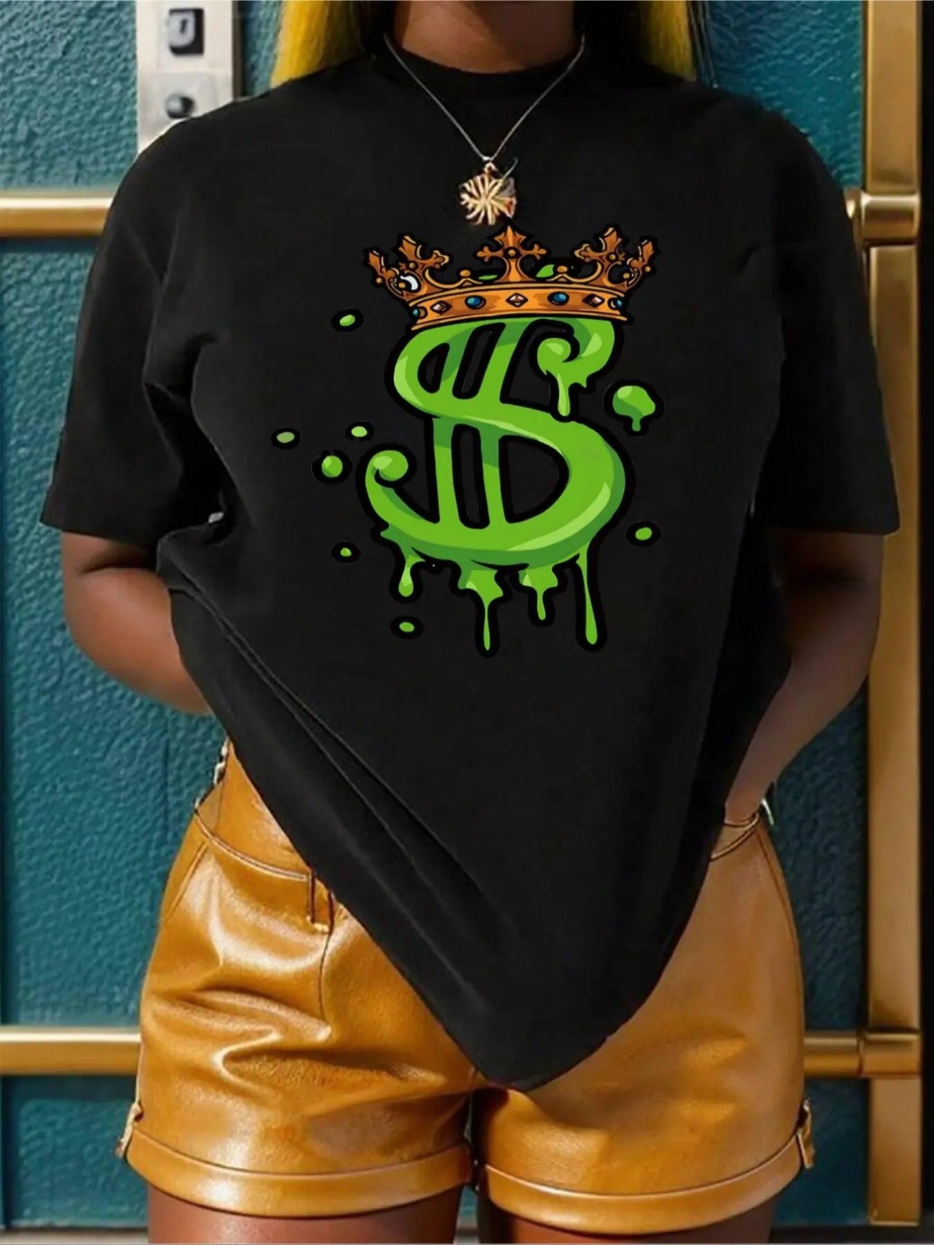 Women's Crown & Dollar Sign Print Round Neck Tee, Fashion Casual Crew Neck Short Sleeve T-shirt for Daily Holiday...