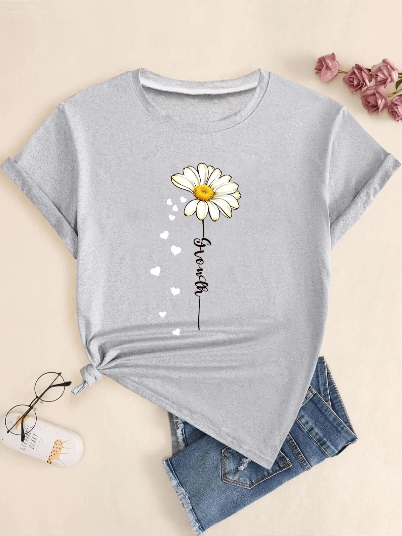 Women's Daisy & Heart & Letter Print Round Neck Tee, Fashion Casual Short Sleeve T-shirt for Daily Holiday Vacation...