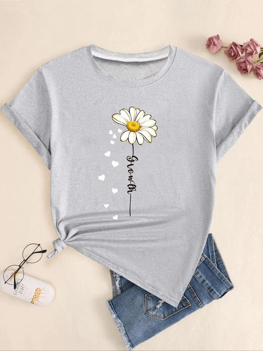 Women's Daisy & Heart & Letter Print Round Neck Tee, Fashion Casual Short Sleeve T-shirt for Daily Holiday Vacation...