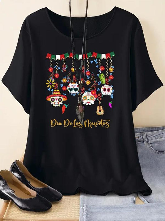 Women's Day Of The Dead Print Round Neck Tee, Fashion Casual Letter Print Crew Neck T-shirt for Daily Holiday Vacation...