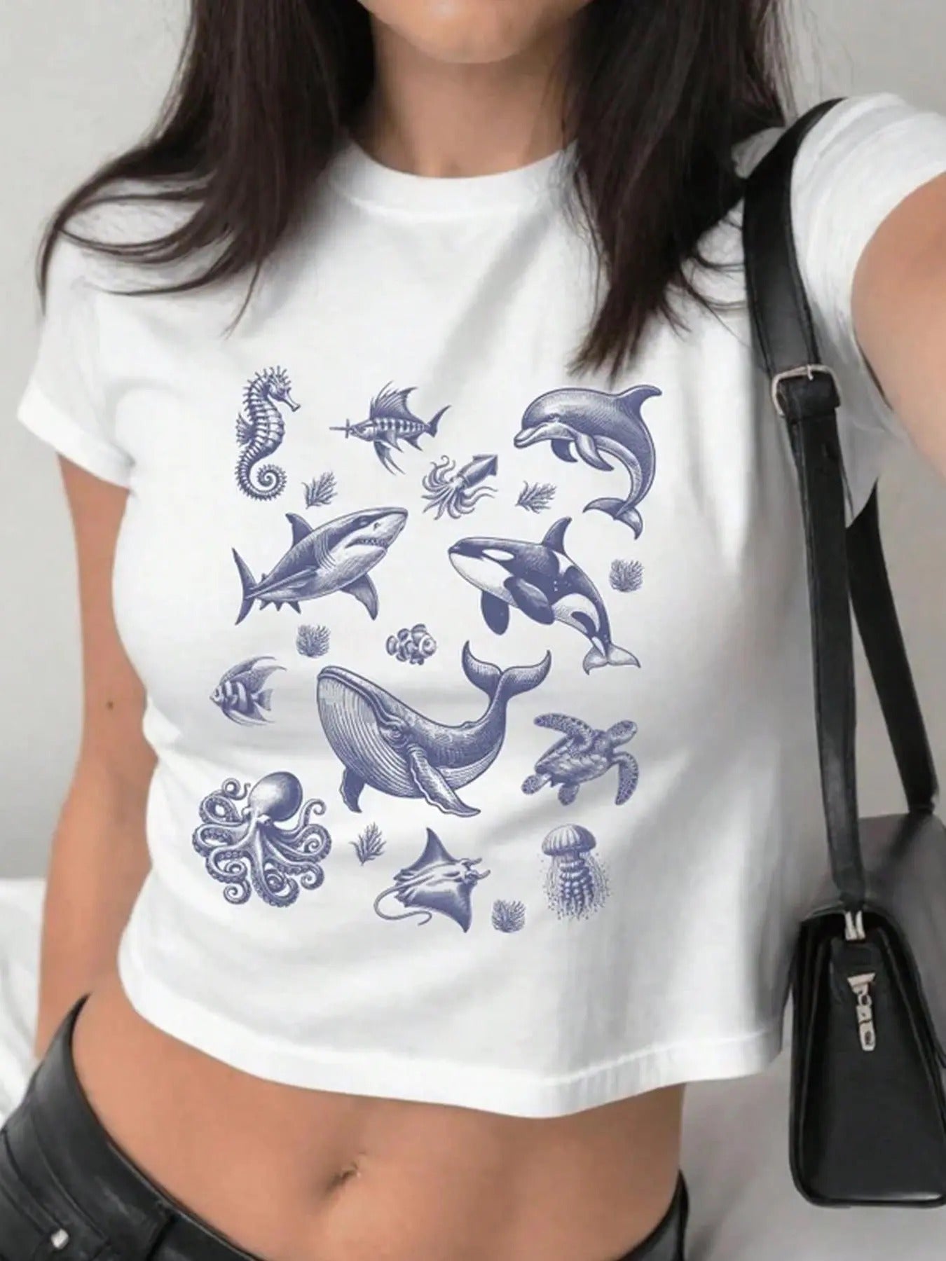 Women's Dolphin Print Round Neck Crop Tee, Casual Marine Life Print Short Sleeve Crew Neck T-Shirt for Daily Wear, Ladies...