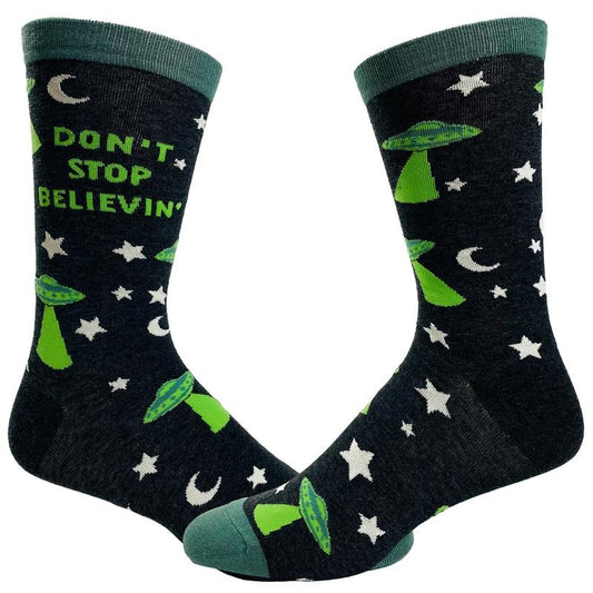 Women's Don't Stop Believin' Socks Funny UFO Space Alien Sci Fi Footwear Funny Graphic Socks Comfortable Fitted Spandex Cotton