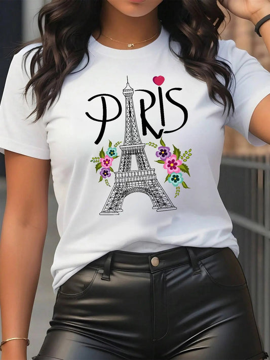 Women's Eiffel Tower & Floral Print Round Neck Graphic Tee, Vintage Trendy Casual Short Sleeve T-shirt for Daily Wear, Ladies Summer Outfit