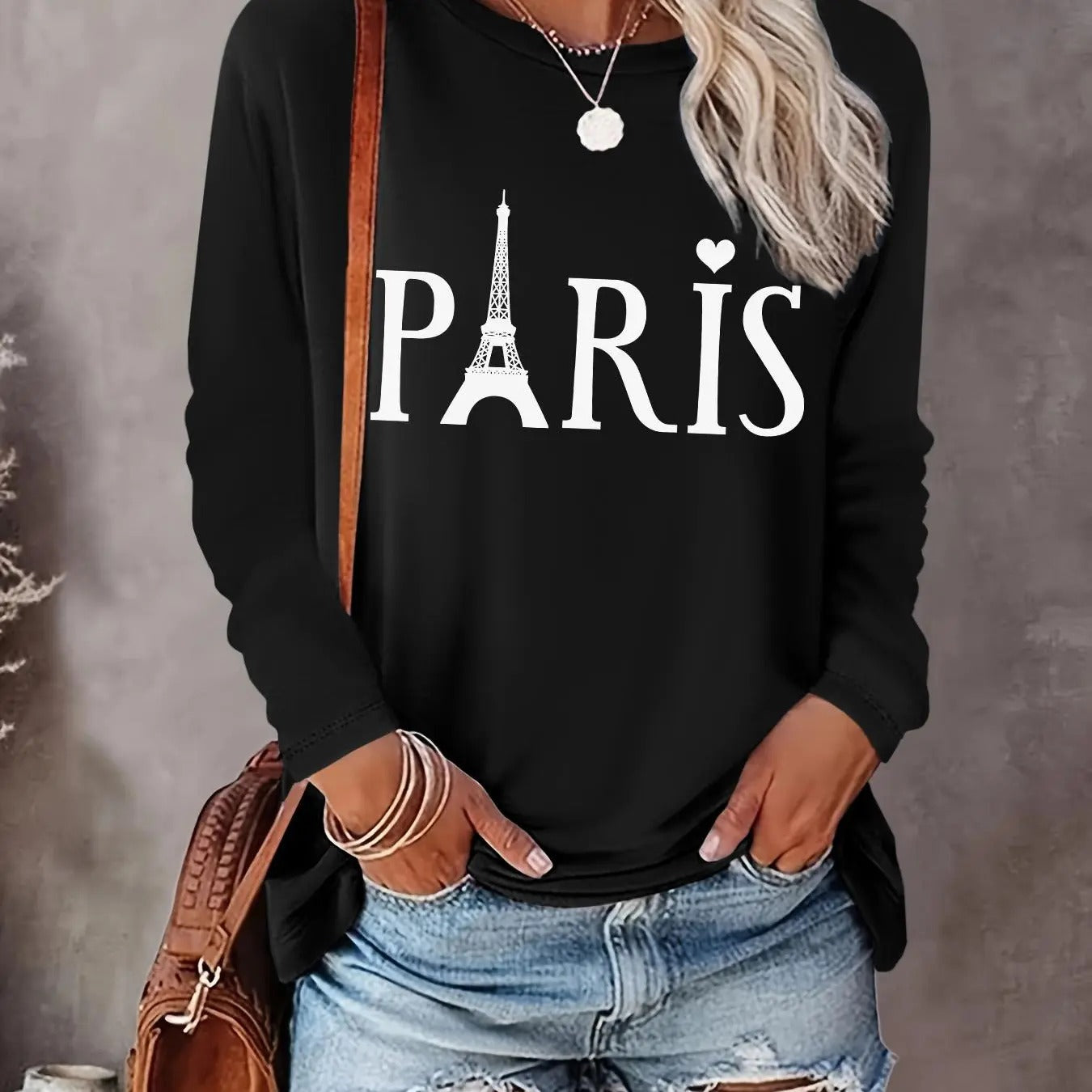 Women's Eiffel Tower & Letter Print Drop Shoulder Sweatshirt, Casual Long Sleeve Round Neck Pullover for Daily Wear,...